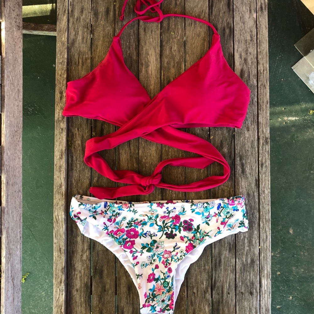 Floral Halter Wrap Knotted Back Bikini Set